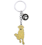 Keychain with a yellow dog charm and paw print on a white background